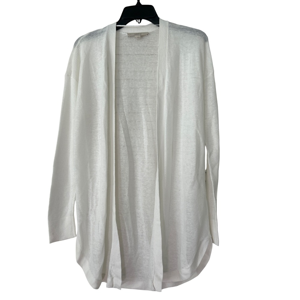 Loft Womens White Linen Blend Open Front Ribbed Cardigan Sweater Size M